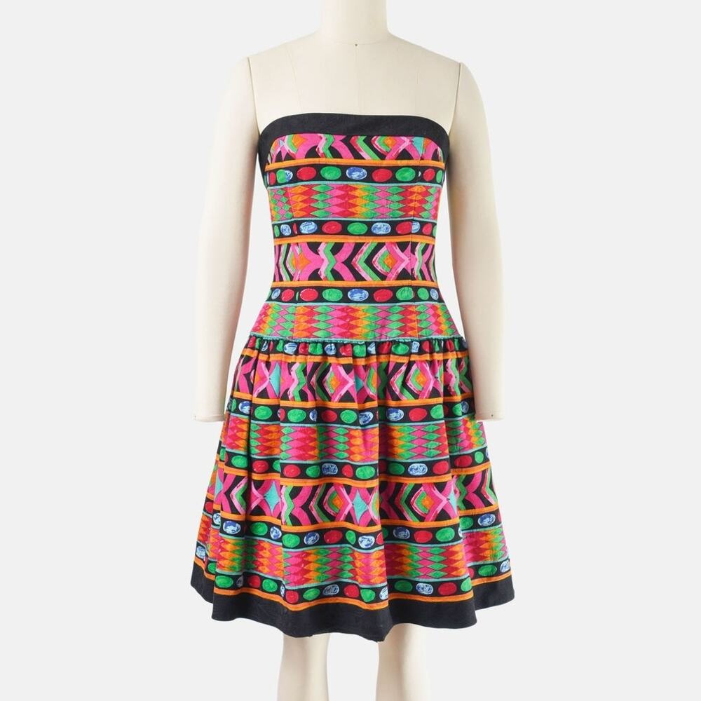 Vintage 80s AJ Bari Strapless Colorful Geometric Cotton Party Dress Full Skirt S